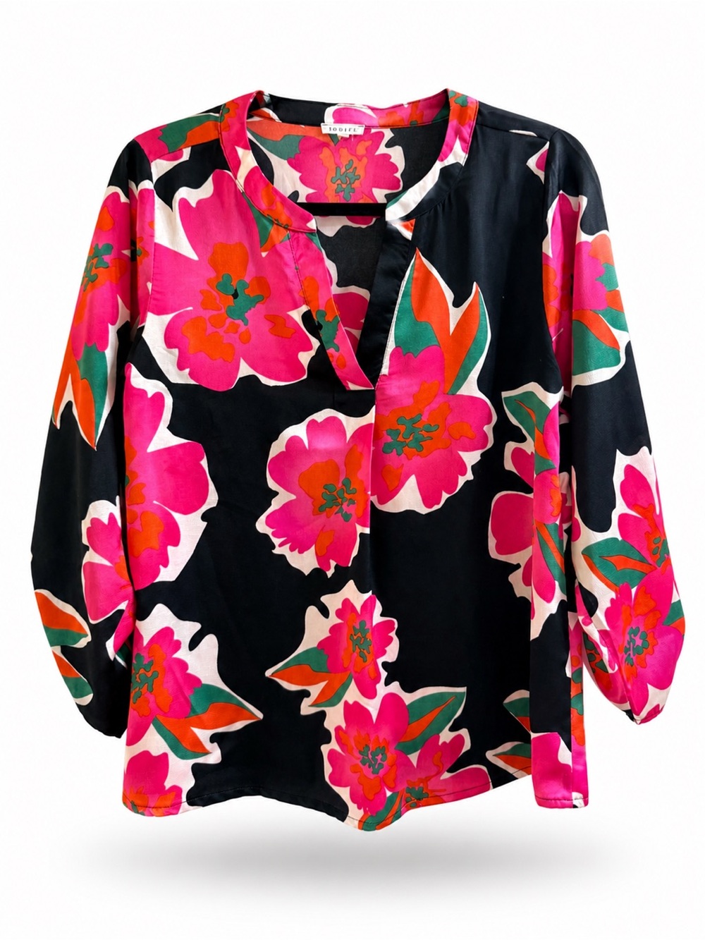 JODIFL Bold Long Sleeve V Neck Pink Floral Blouse on Black Size S